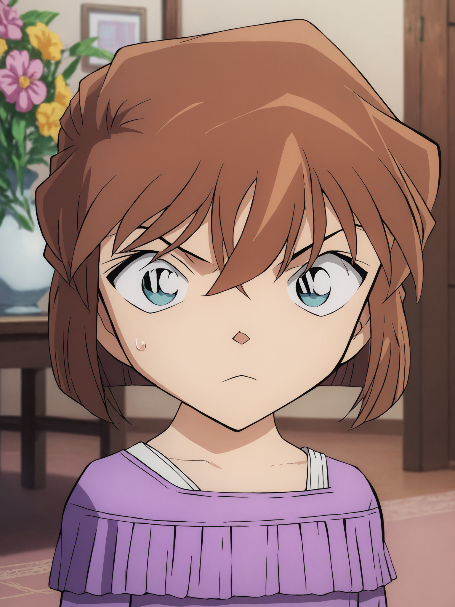 score_9, score_8_up,sharp focus,, absurdres, highres, illustration, depth of field,  aixl, 1girl, solo, looking at viewer, short hair, bangs, blue eyes, brown hair, shirt, closed mouth, upper body, flower, indoors, off shoulder, sweatdrop, frown, purple shirt, bob cut, hair between eyes  <lora:aixl:1>