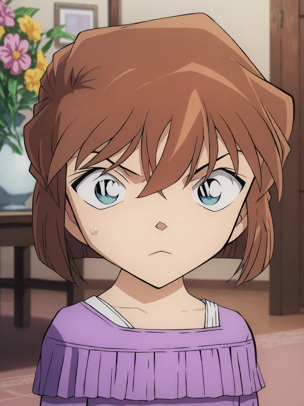 score_9, score_8_up,sharp focus,, absurdres, highres, illustration, depth of field, aixl, 1girl, solo, looking at viewer, short hair, bangs, blue eyes, brown hair, shirt, closed mouth, upper body, flower, indoors, off shoulder, sweatdrop, frown, purple shirt, bob cut, hair between eyes <lora:aixl:1>