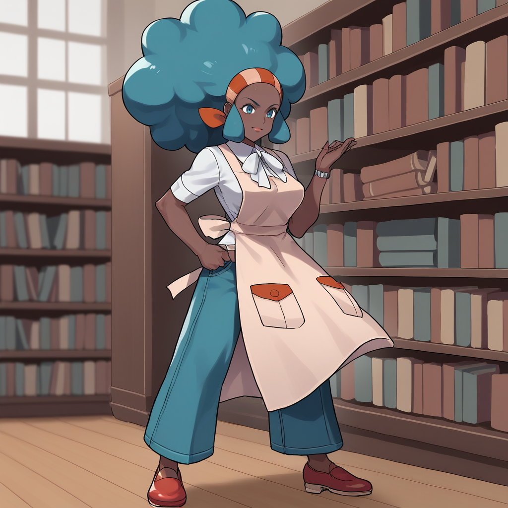 score_9, score_8_up, score_7_up, score_6_up, score_5_up, score_4_up, zPDXL2,source_anime,rating_questionable, 1girl, solo, indoors, library, <lora:Lenora_-_V2:0.8> lenora_bw, dark-skinned female, blue hair, afro, headband, white shirt, flared jeans, Belt, red shoes, apron