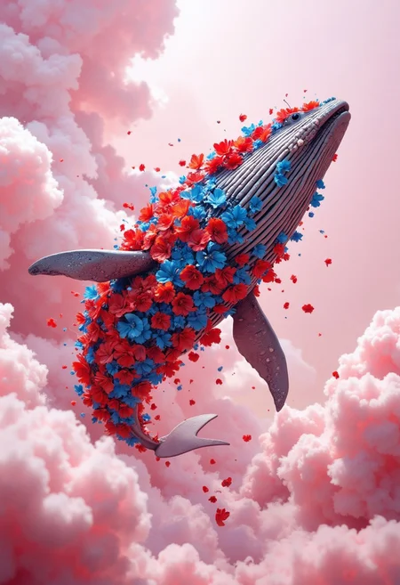 Ultra-realistic photo of a whale with skin made of red and blue flowers, floating in pink clouds. Minimum details, simple, surreal scene with soft lighting. Blurred background. shot taken on Kodak Portra