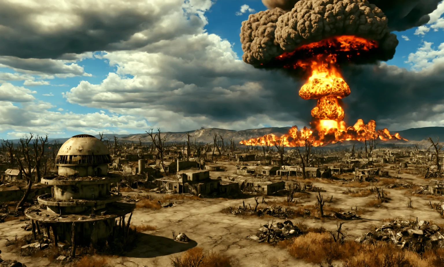wasteland ,<lora:falloutlandsdxl:0.8>, falloutlandsdxl, landscape, best quality, masterpiece, Washington, ruined city, nuclear explosion, mushroom cloud, fire,