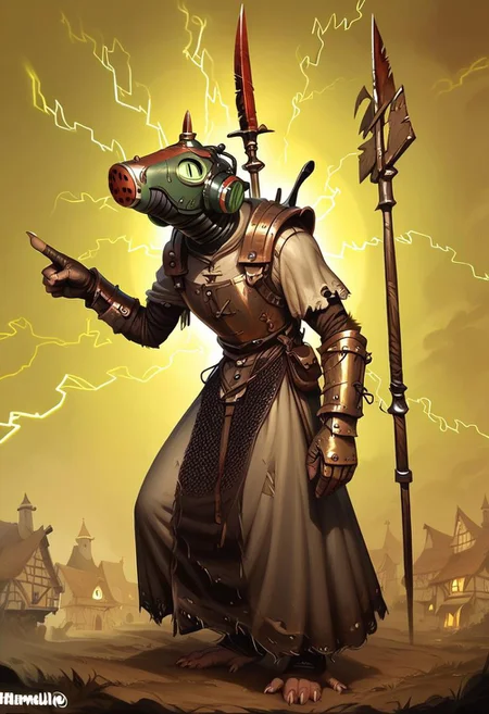 score_9, score_8_up, score_7_up, score_6_up, 1 anthro rat male, wearing engineer armor with gas mask, brown fur, bald,  fullbody, looking at viewer, (medieval village background:1.4), 3/4 side view, full body view, standing, holding big spear in right hand, left hand pointing forward, green lightning bolt goes from right hand, detailed background
