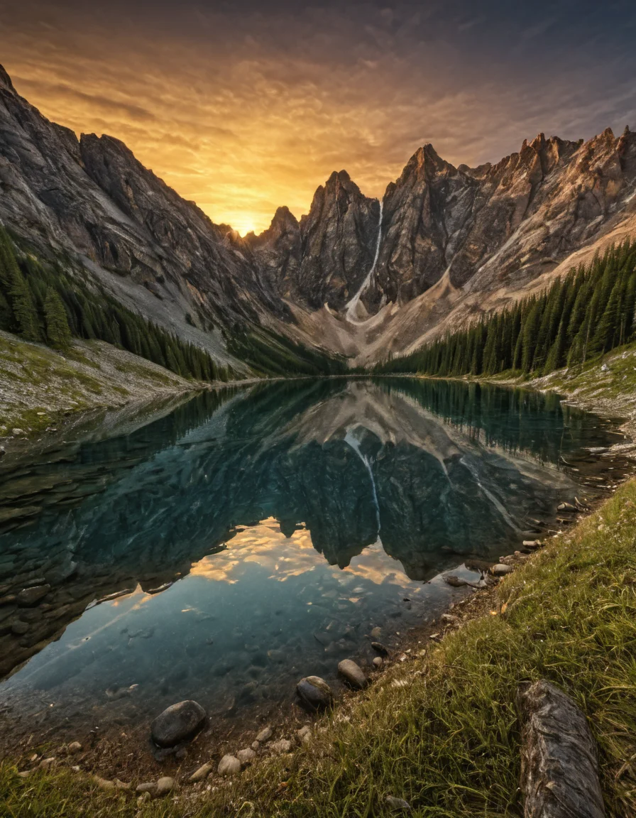 naturelora, landscape, sunset, mountain, forest, lake,Hyper Detailed, Extreme detail, intricate textures, high-resolution, sharp focus