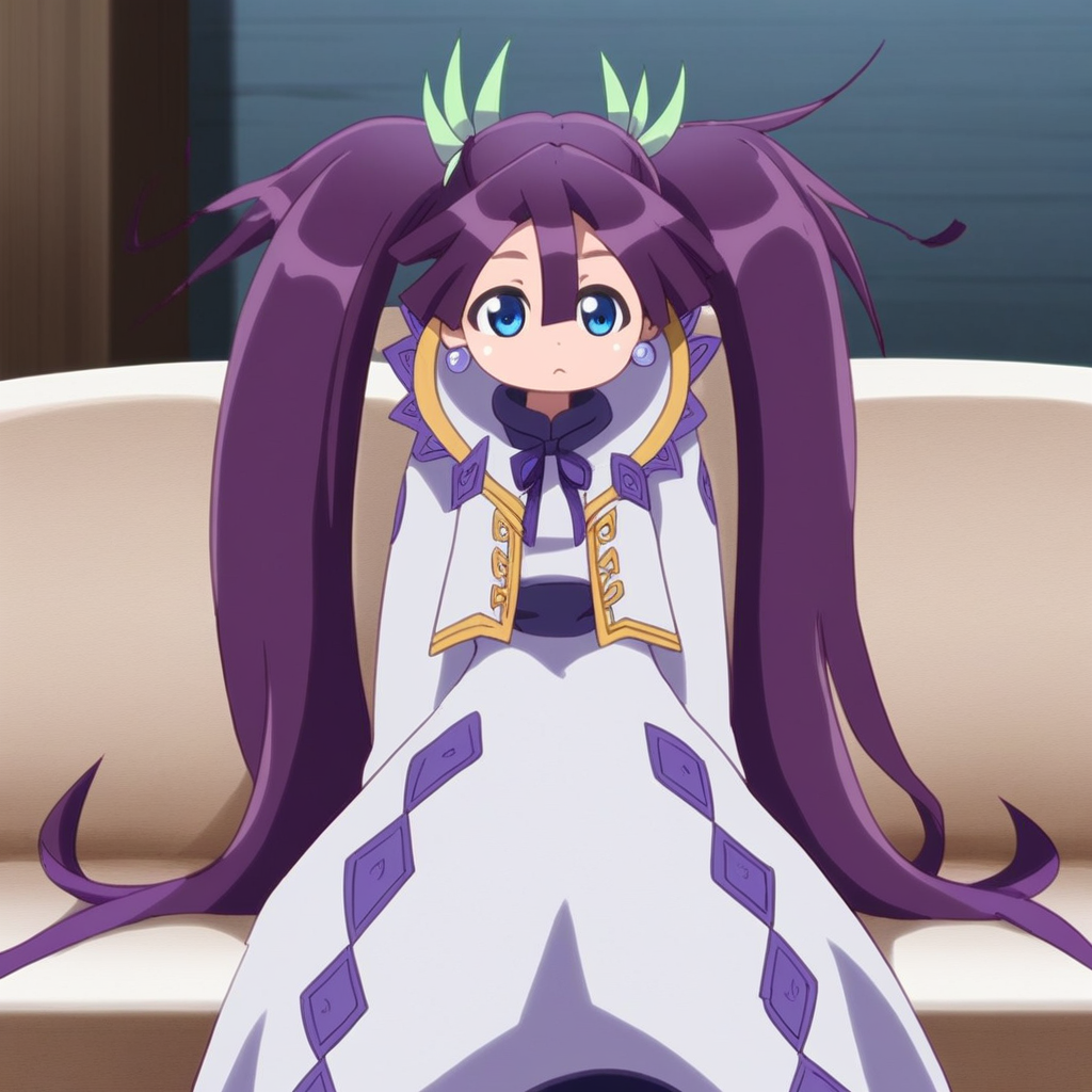 score_9, solo, alka, 1girl, twintails, long hair, purple hair, earrings, blue eyes, dress. >_<, sofa, sitting, cute