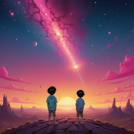 children's illustration art stylized by Huang Guangjian and (John Kenn Mortensen:0.7) , vector illustration of a Ridiculous Plain Galaxy, at Sunset, split diopter, Detailed illustration, Depressing, Gel lighting, Offset print, Magenta background