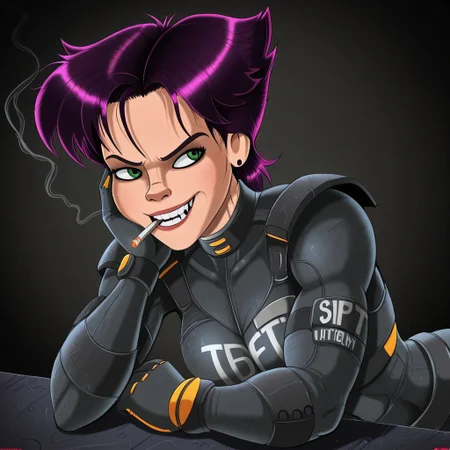 Solo, Konoko, 1 girl, short, messy, spiky purple hair, green eyes, athletic and muscular build Bodysuit, gray and white combat suit., Shadman_Style
Konoko sits smiling maliciously, cigarette in her mouth between her teeth, hand resting on her cheek, half of her body. A bar in the background.