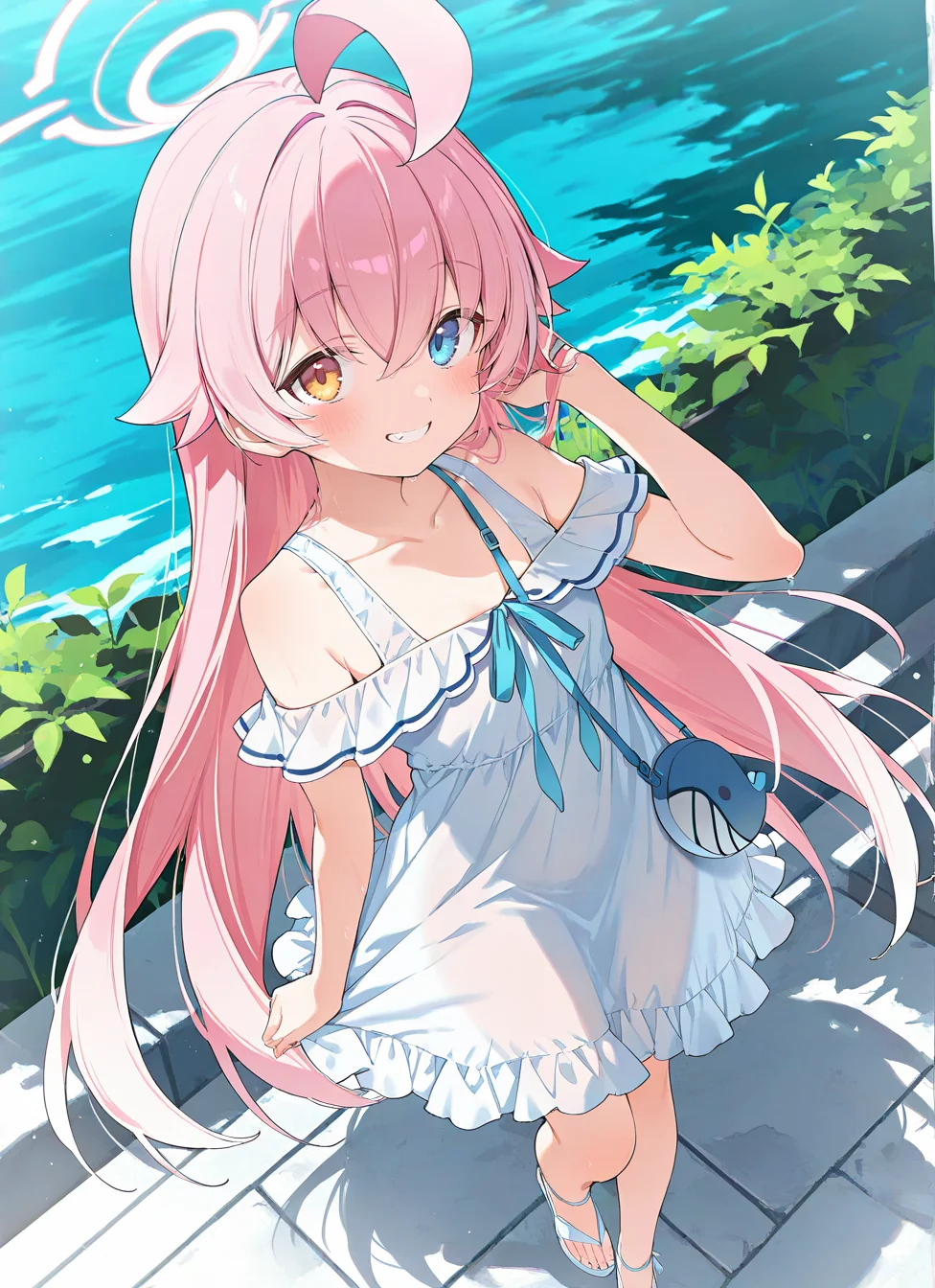 masterpiece, best quality, 1girl, solo,
smile, solo, from above, outdoors, day,
hoshino-casual,hoshino \(blue archive\), heterochromia,long hair,pink hair,ahoge,halo,frilled dress,white sundress,off shoulder, blue ribbon,sandals,shoulder bag <lora:hoshino-casual_blue archive_IllustriousXL_epoch-000076:1>,, <BREAK> , masterpiece, amazing quality, best quality, ultra-detailed, 8K, illustration, CG, anime coloring,, , <lora:add-detail-xl:1>,