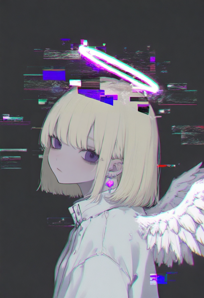 glitch, halo, solo, wings, angel, angel wings, looking at viewer, earrings, 1girl, feathered wings, jewelry, upper body, chromatic aberration, purple eyes, white wings, bangs, blonde hair, short hair, white hair, black background, jacket <lora:748cmXL_il_lokr_V5311P:0.95>