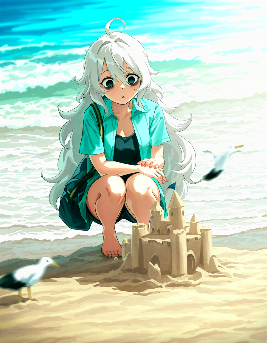 1girl, solo, black_eyes, white_hair, grey_hair, very_long_hair, hair_between_eyes, ahoge, bags_under_eyes, Shadwo, <lora:Shadow:0.4>, (masterpiece, best quality, highres:1.2), <lora:hayateluc:0.4>, hayateluc, sand sculpture, sand castle, beach, squatting, bird, seagull, sand, barefoot, solo, outdoors, water, ocean, day, breasts, aqua shirt, waves, open shirt, blurry, bare legs, short sleeves, motion blur, bag, blue eyes, blurry foreground, open clothes, shorts