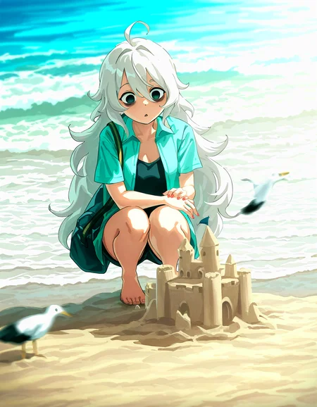 1girl, solo, black_eyes, white_hair, grey_hair, very_long_hair, hair_between_eyes, ahoge, bags_under_eyes, Shadwo, <lora:Shadow:0.4>, (masterpiece, best quality, highres:1.2), <lora:hayateluc:0.4>, hayateluc, sand sculpture, sand castle, beach, squatting, bird, seagull, sand, barefoot, solo, outdoors, water, ocean, day, breasts, aqua shirt, waves, open shirt, blurry, bare legs, short sleeves, motion blur, bag, blue eyes, blurry foreground, open clothes, shorts