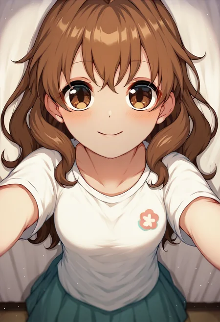 score_9, score_8_up, score_7_up, score_6_up, score_5_up, score_4_up, rating_safe, brown hair, brown eyes, taneshima popura from working!!, pov, from above, solo, aiue oka, <lora:lunarscent:1>