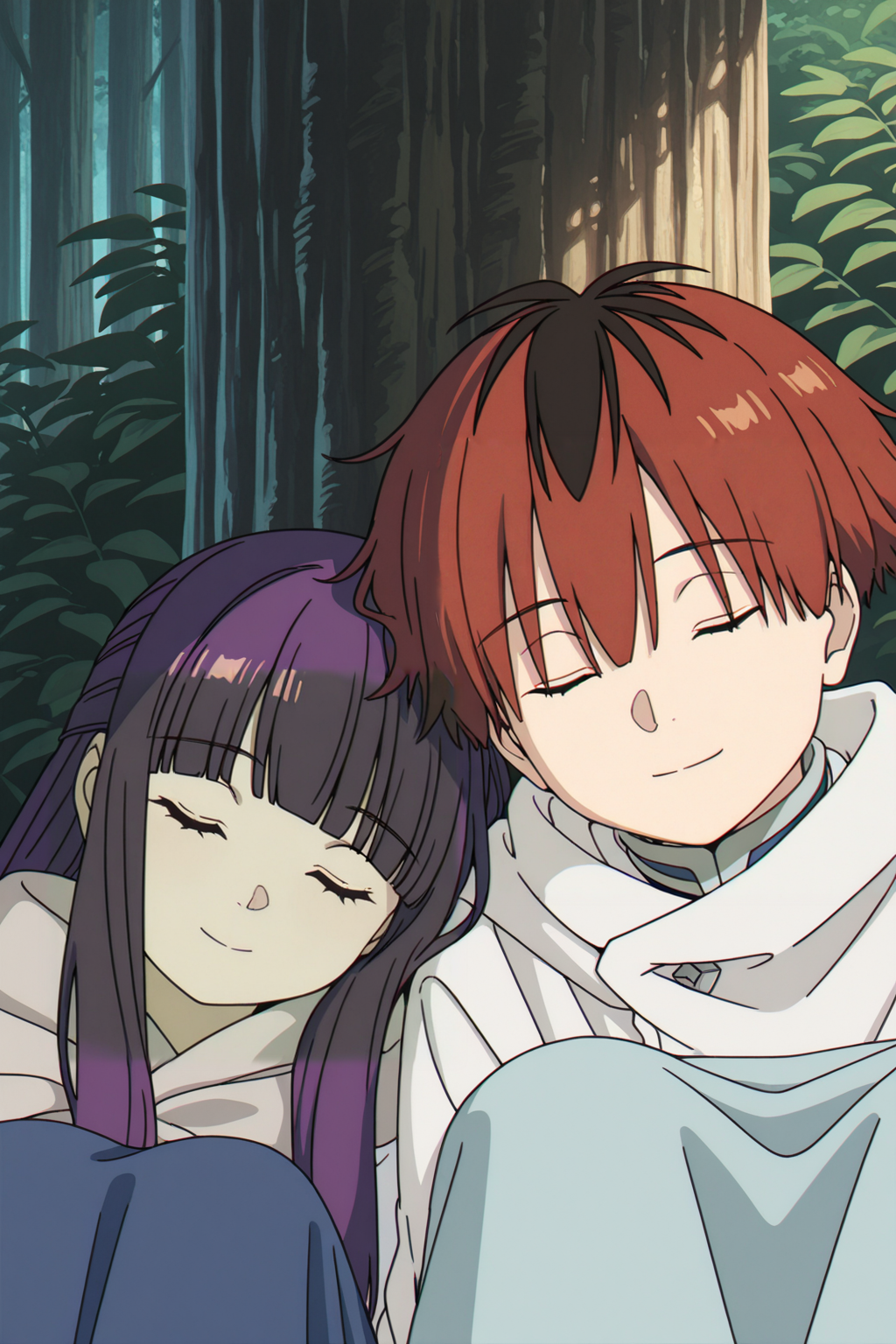 <lora:FrierenStyle:1>, FrierenStyle, 1girl, 1boy, closed eyes, long hair, red hair, sleeping, multicolored hair, black hair, short hair, blunt bangs, purple hair, straight hair, sitting, knees up, two-tone hair, closed mouth, blanket, leaning on person, side-by-side, sidelocks, brown hair, smile, nature