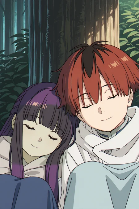 <lora:FrierenStyle:1>, FrierenStyle, 1girl, 1boy, closed eyes, long hair, red hair, sleeping, multicolored hair, black hair, short hair, blunt bangs, purple hair, straight hair, sitting, knees up, two-tone hair, closed mouth, blanket, leaning on person, side-by-side, sidelocks, brown hair, smile, nature