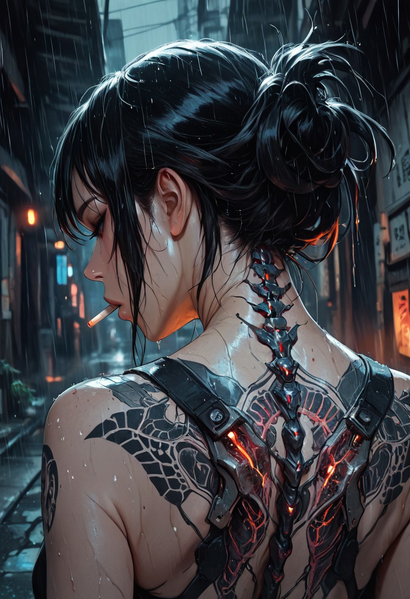 highres, very detailed, amazing quality, masterpiece,
very aesthetic,
particle effect, Cinematic, 
1girl, solo, Black hair, hair up, beautiful, exposed shoulders, exposed back, bionic spine, smoking, cigarette, strong face, angled face,  
Back tattoo, Dragon back tattoo, 
Raining, ancient Japanese street, 
Close up, 
From behind, View from behind,