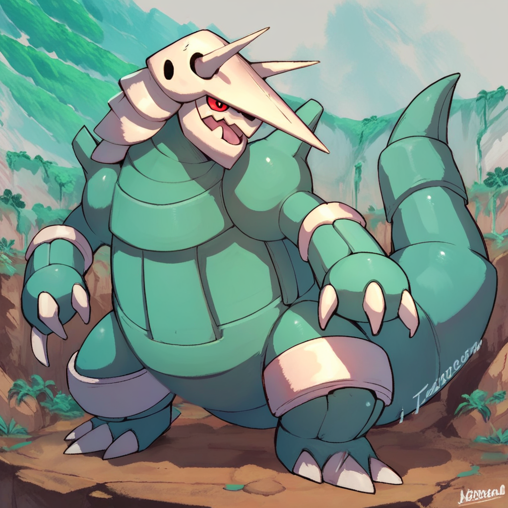 Score_7_up, score_8_up, score_9, full body, Aggron, shiny pokemon, teal body, red eyes, claws, dynamic pose, outdoors, detailed background,