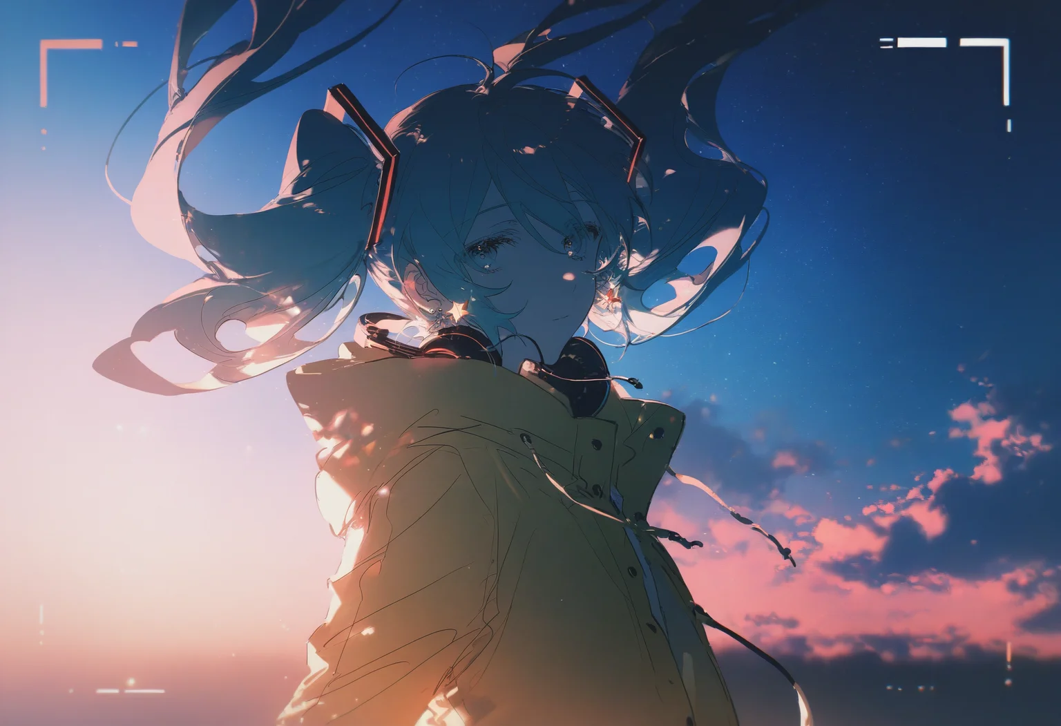 konya_karasue, 1girl, solo, hatsune miku, long hair, headphones, twintails, hood, upper body, headphones around neck, looking at viewer, jacket, aqua hair, floating hair, sky, hood down, outdoors, long sleeves, aqua eyes, jewelry, blurry, hooded jacket, earrings, blue eyes, yellow jacket, hair ornament, hoodie, blurry background, backlighting, from side, drawstring, star, starry sky, cloudy sky, cloud, scenery, night,light particles,light and shadow,overexposure,contour deepening,lens flare,depth of field, (very vibrant colors:0.8), very high contrast, sketch, vivid colors, (saturated:1.0), colorful, very high colorfulness, deep blue hues, submerged, pressure, cold atmosphere, dark atmosphere, rella, konya karasue, view finder, scratch art, color tracing, <lora:CC_train_nb11-xl:1>, masterpiece,best quality,amazing quality,very aesthetic,absurdres,newest,