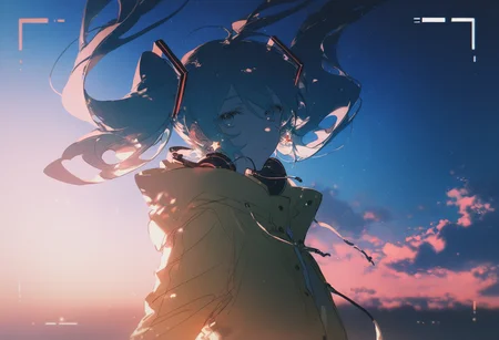 konya_karasue, 1girl, solo, hatsune miku, long hair, headphones, twintails, hood, upper body, headphones around neck, looking at viewer, jacket, aqua hair, floating hair, sky, hood down, outdoors, long sleeves, aqua eyes, jewelry, blurry, hooded jacket, earrings, blue eyes, yellow jacket, hair ornament, hoodie, blurry background, backlighting, from side, drawstring, star, starry sky, cloudy sky, cloud, scenery, night,light particles,light and shadow,overexposure,contour deepening,lens flare,depth of field, (very vibrant colors:0.8), very high contrast, sketch, vivid colors, (saturated:1.0), colorful, very high colorfulness, deep blue hues, submerged, pressure, cold atmosphere, dark atmosphere, rella, konya karasue, view finder, scratch art, color tracing, <lora:CC_train_nb11-xl:1>, masterpiece,best quality,amazing quality,very aesthetic,absurdres,newest,