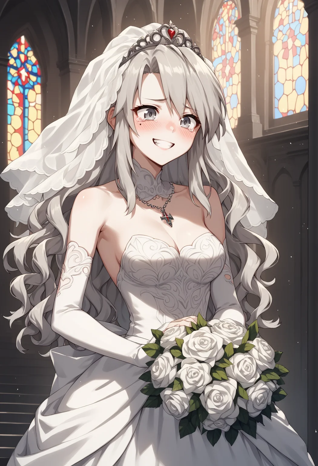 1girl, pale skin, grey eyes, grey hair, long hair, curly hair, mole under eye, makeup, hat, white veil, bride, wedding dress, bouquet, indoors, church, smile, teeth, blush, tearing up, bridal gauntlets, <lora:Kriemhild:0.8> medium breasts,, score_9, score_8_up, score_7_up, score_6_up, score_5_up, score_4_up, BREAK source_anime, masterpiece