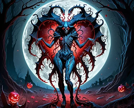 A bioluminescent demon, clad in a crimson gown of shimmering, pulsating flesh, clutches a beating, oversized heart, its arteries glowing with an eerie, internal light. The heart, wrapped with thorny, black vines instead of ribbons, drips ichor onto the frost-covered ground. The demon writhes with manic glee, its form a grotesque symphony of bone, sinew, and iridescent fluids, dancing in the moonlight. Long, skeletal shadows writhe and contort in the absurd dance of madness, shaped like grotesque valentines
<lora:corcoc1s:0.8> corcoc1s