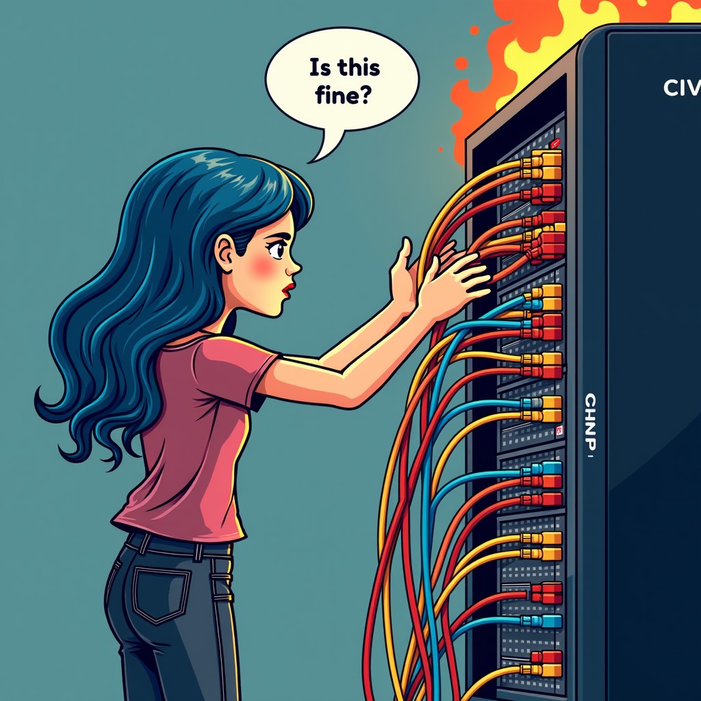 a young woman with blue hair stands in front of a server rack, ((In a panic he rips many colorful patch cables out of the server rack)), (on the server rack is the text: "CIVITAI"), (Above his head is a speech bubble with the text: "Is this fine?"), the server rack is burning and smoking, view from side, side view,
