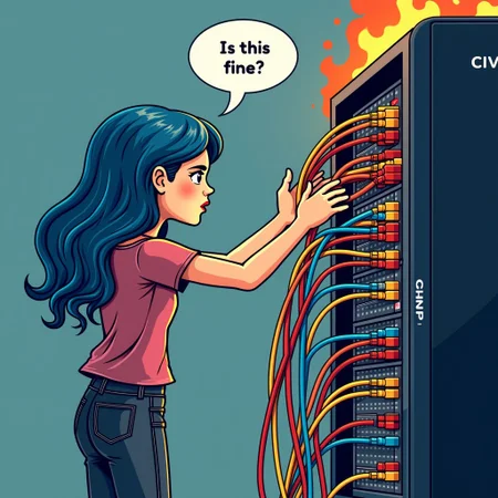 a young woman with blue hair stands in front of a server rack, ((In a panic he rips many colorful patch cables out of the server rack)), (on the server rack is the text: "CIVITAI"), (Above his head is a speech bubble with the text: "Is this fine?"), the server rack is burning and smoking, view from side, side view,