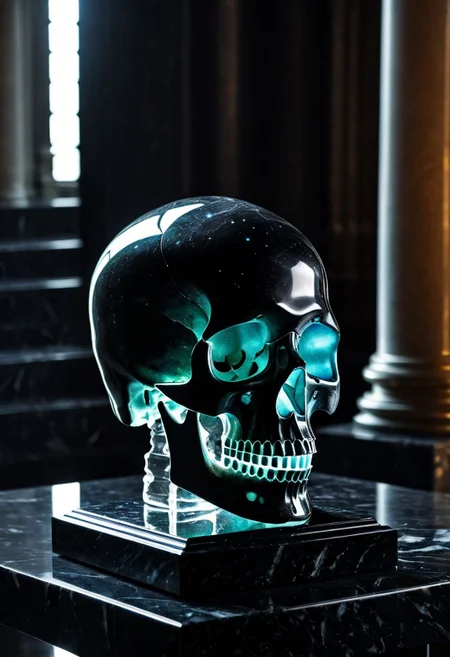 Fujifilm XT3, Sony A7 IV, (award winning photography) a black marble skull made of opal set on a pedestal in temple, glistening. in the background beautiful pillars, divine (iridescent: 0.79), opalescent textures, volumetric light, ethereal, sparkling, studio photo, highly detailed, sharp focus (highest quality: 1.39) (highest coherency: 1.39) (award winning photography), highly detailed photography, (muted colors, cinematic, dim colors, soothing tones:1.2), vibrant, insanely detailed, hyperdetailed, (dark shot:1.2), (vsco:0.3), (intricate details:0.9), (hdr, hyperdetailed:1.2) (vignette), sss