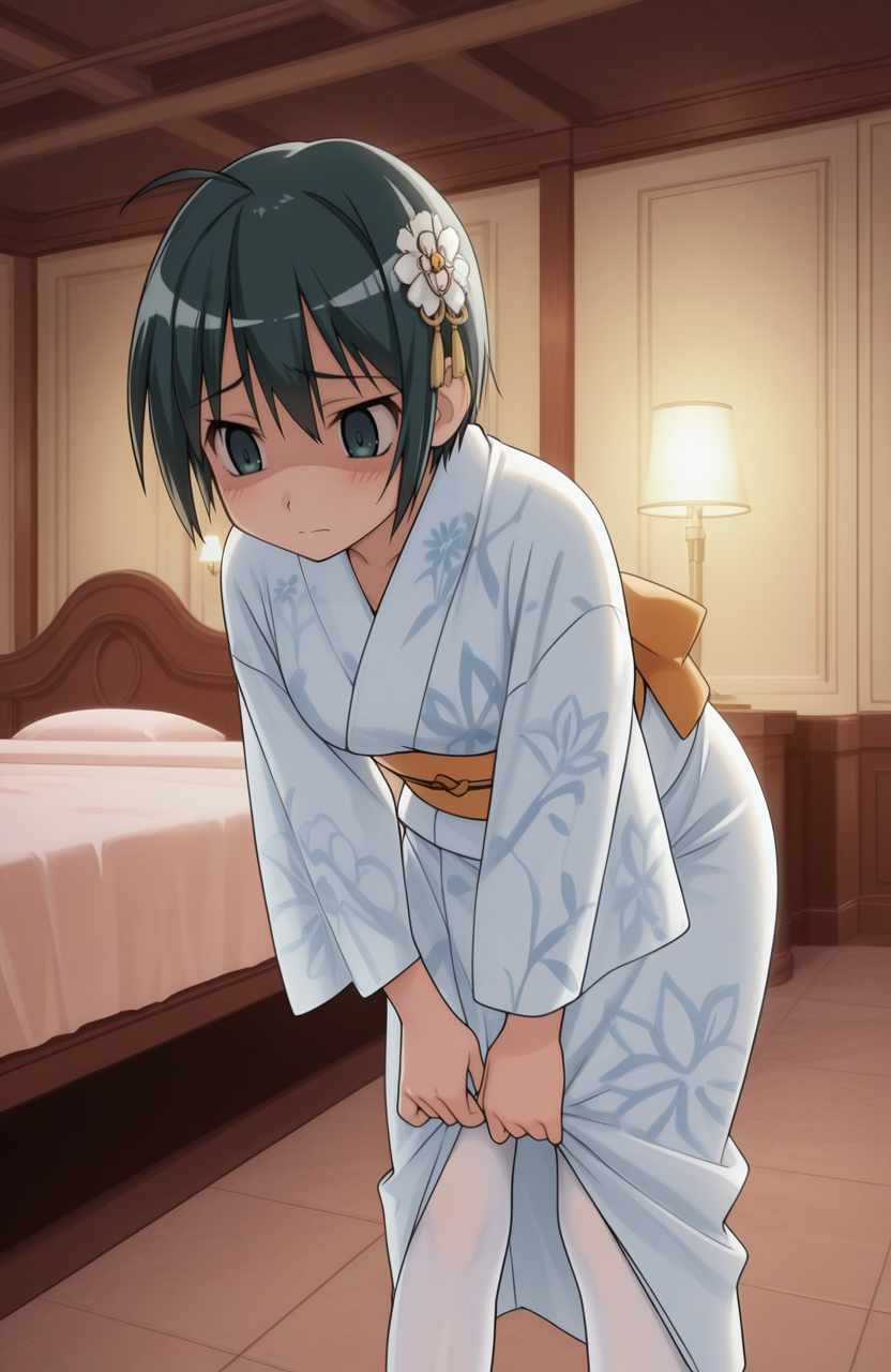 <lora:anatomy_helper:0.8> 1girl, solo, <lora:KoWaGo-IL:0.8> himm,
izumi, short hair, dark green hair, dark green eyes, tomboy, ahoge
traditional kimono, long sleeves, obi belt, white pantyhose, zori, hair ornament,
indoors, mansion, fancy living room, floor lamp,shower curtain,bed, pick and pick tapestry,natural stone tiles (excluding those mentioned before), sunlight through skylights, rim lighting, in distress, shaded face, closed mouth,  sad, raised eyebrows,,leaning forward, extremely detailed, highres, masterpiece, best quality
