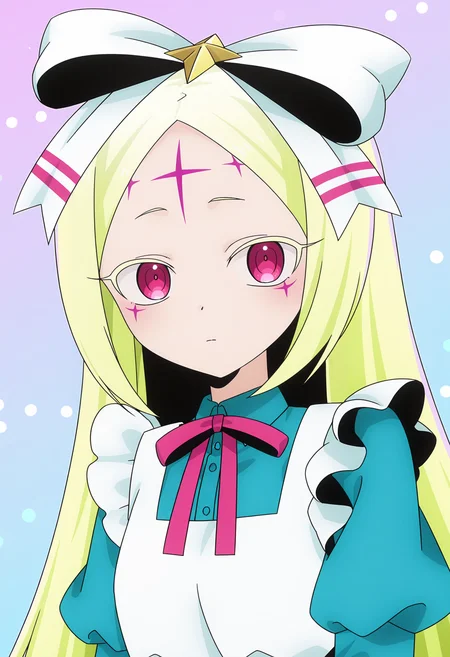 <lora:Morino Korisu_illustrious-000032:1>,
Morino Korisu,solo,facial mark,bow,looking at viewer,ribbon,forehead mark,hair bow,dress