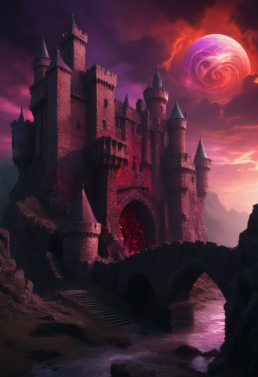 of a CGI-rendered scene featuring a medieval castle under a vivid red and purple sky, bathed in a surreal, otherworldly glow. The castle, constructed from weathered stone, is prominently positioned in the background, with its tall, cylindrical towers and battlements casting long, ominous shadows. The texture of the stone is rough and uneven, with visible cracks and crevices, giving it a sense of age and resilience. Dominating the sky is a large, swirling, fiery orb, radiating a deep red and purple hue, with jagged, fiery tentacles extending from it, resembling a malevolent, cosmic entity. The sky is dark and ominous, with swirling, chaotic patterns that evoke a sense of turmoil and chaos. In the foreground, a stone bridge spans a deep chasm, connecting two parts of the castle, adding a sense of scale and depth to the scene. The bridge is detailed with intricate stone work and arches, contributing to the medieval aesthetic. The overall color palette is dominated by reds, purples, and blacks, creating a stark and foreboding atmosphere. The CGI style enhances the surreal and fantastical nature of the scene, making it appear as if it is a vivid dream or a dark fantasy.