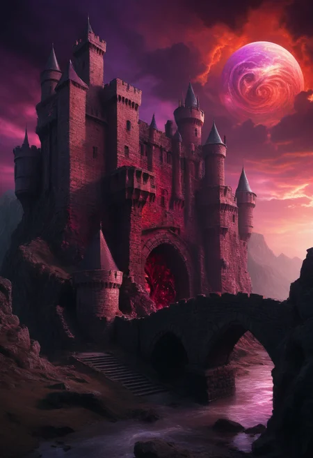 of a CGI-rendered scene featuring a medieval castle under a vivid red and purple sky, bathed in a surreal, otherworldly glow. The castle, constructed from weathered stone, is prominently positioned in the background, with its tall, cylindrical towers and battlements casting long, ominous shadows. The texture of the stone is rough and uneven, with visible cracks and crevices, giving it a sense of age and resilience.   Dominating the sky is a large, swirling, fiery orb, radiating a deep red and purple hue, with jagged, fiery tentacles extending from it, resembling a malevolent, cosmic entity. The sky is dark and ominous, with swirling, chaotic patterns that evoke a sense of turmoil and chaos.   In the foreground, a stone bridge spans a deep chasm, connecting two parts of the castle, adding a sense of scale and depth to the scene. The bridge is detailed with intricate stone work and arches, contributing to the medieval aesthetic. The overall color palette is dominated by reds, purples, and blacks, creating a stark and foreboding atmosphere. The CGI style enhances the surreal and fantastical nature of the scene, making it appear as if it is a vivid dream or a dark fantasy.