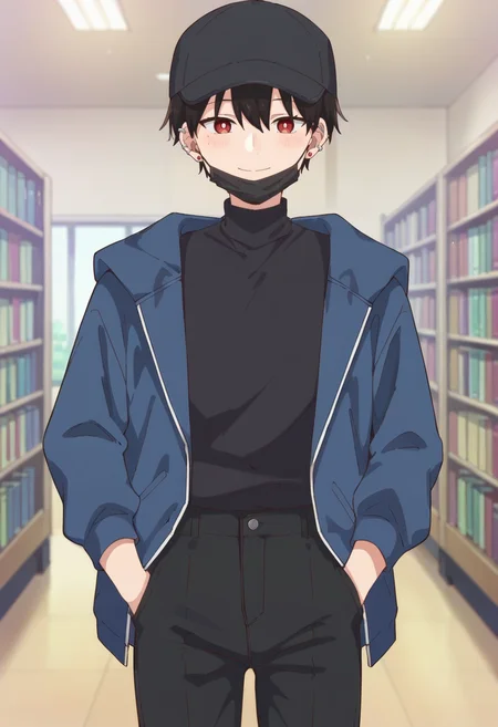 score_9,score_8_up,score_7_up,score_6_up,score_5_up,score_4_up,anime coloring,source_anime,<lora:Suou_How_I_Attended_an_All-Guys_Mixer_Pony:0.8>,suou,1girl,solo,red eyes,black hair,short hair,earrings,ear piercing,mole under eye,black hat,black mask,chin mask,blue hoodie,black pants,smile,standing,indoors,library,looking_at_viewer,