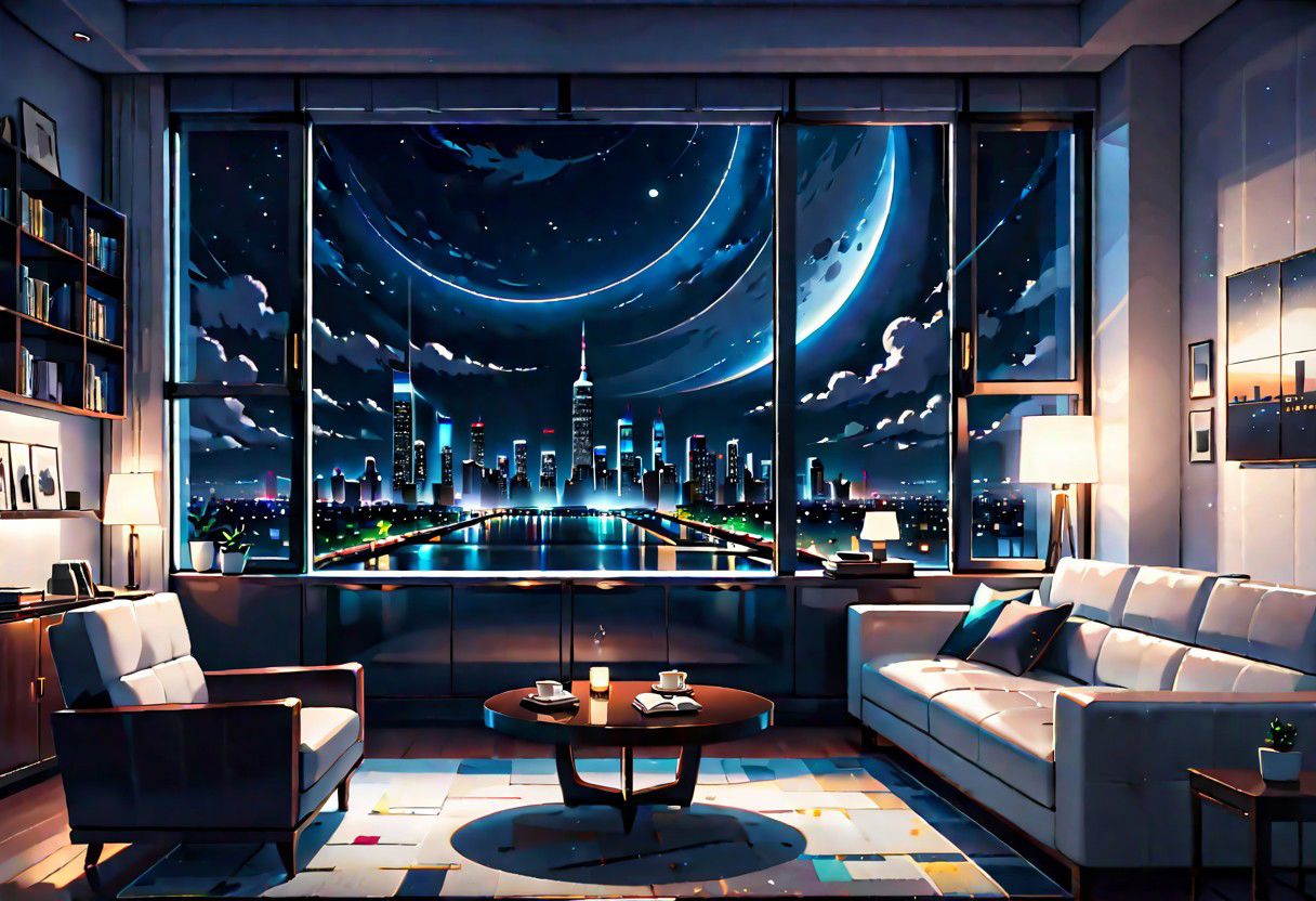 ((front view)), Shallow scene, ((animation style)), modern-style interior, with white walls, (large windows), a  study, Sofa, coffee table, bookcase, single wall, (dark room), Turn off ceiling lighting, Turn off the indoor lights , quiet and mysterious night sky, starry sky, moonlight, city night view, (City high-rise building scenery), (City scenery outside the window)