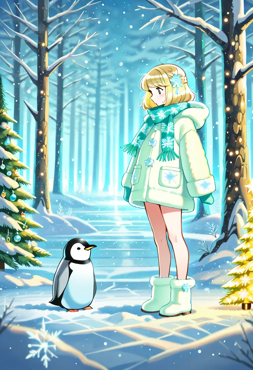 Animal Christmas, masterpiece, best quality, A pair of penguins in a snowy forest, wearing tiny scarves and standing beside a small, decorated Christmas tree. Snowflakes fall gently, and the icy landscape sparkles in the soft glow of twilight.