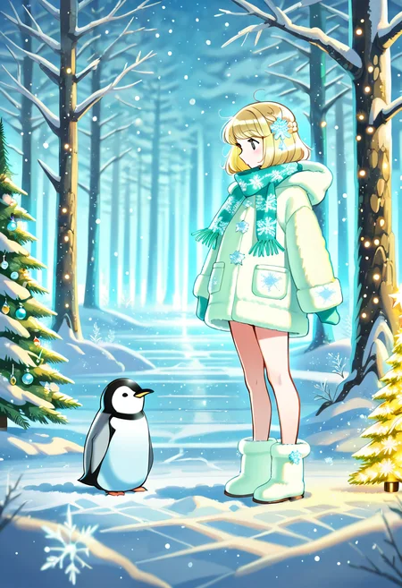 Animal Christmas, masterpiece, best quality,  A pair of penguins in a snowy forest, wearing tiny scarves and standing beside a small, decorated Christmas tree. Snowflakes fall gently, and the icy landscape sparkles in the soft glow of twilight.