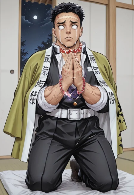 score_9, score_8_up, score_7_up, score_6_up, masterpiece, best quality, detailed eyes, detailed face, photorealistic, face_focus, josman illustration, (gyomei_himejima transformation into anthro Flopsie, mid transformation, kneeling, praying), (Japanese temple, night time, short hair, black hair, scar on forehead, blank eyes, crying, japanese clothes, demon slayer uniform, jewelry, prayer beads, haori, white belt), muscular male, (wide open eyes), 