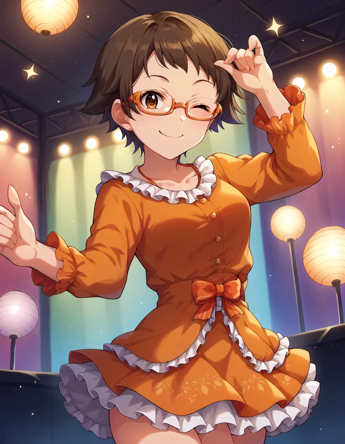 score_9,score_8_up,score_7_up,1girl,solo,cowboy shot,looking at viewer,smile,wink,closed mouth,stage lights,indoors,
<lora:kitagawamahiro_ponyXLV6:0.8>,cgkmh,brown hair,short hair,brown eyes,glasses,
orange dress,frilled skirt