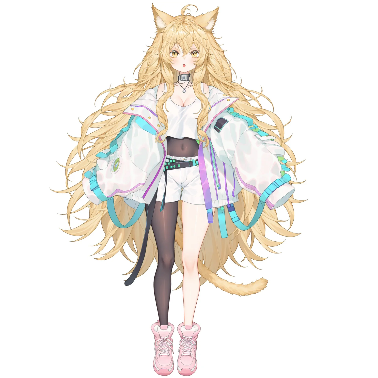 safe_pos, score_9, score_8_up, score_7_up, score_6_up, anime, beautiful, stunning, masterpiece, best quality, amazing quality,
CakeCatVT, CakeCatVT costume1, 1girl, animal ears, jacket, yellow eyes, solo, white shorts, blonde hair, covered navel, sleeves past wrists, very long hair, cat tail, open clothes, white jacket, looking at viewer, hair between eyes, open jacket, breasts, white shirt, sleeves past fingers, animal ear fluff, full body, cleavage, long sleeves, pantyhose, collarbone, off shoulder, belt, short shorts, crop top, standing, :o, ahoge, black collar, tank top, jewelry, necklace, black pantyhose, puffy sleeves, messy hair, single thighhigh, shoes, pink footwear,
simple background, white background,