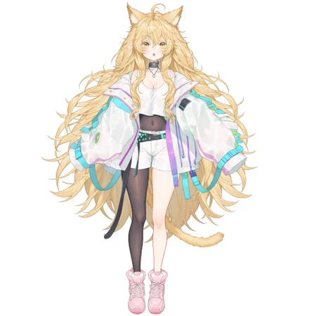 safe_pos, score_9, score_8_up, score_7_up, score_6_up, anime, beautiful, stunning, masterpiece, best quality, amazing quality,

CakeCatVT, CakeCatVT costume1, 1girl, animal ears, jacket, yellow eyes, solo, white shorts, blonde hair, covered navel, sleeves past wrists, very long hair, cat tail, open clothes, white jacket, looking at viewer, hair between eyes, open jacket, breasts, white shirt, sleeves past fingers, animal ear fluff, full body, cleavage, long sleeves, pantyhose, collarbone, off shoulder, belt, short shorts, crop top, standing, :o, ahoge, black collar, tank top, jewelry, necklace, black pantyhose, puffy sleeves, messy hair, single thighhigh, shoes, pink footwear,

simple background, white background,