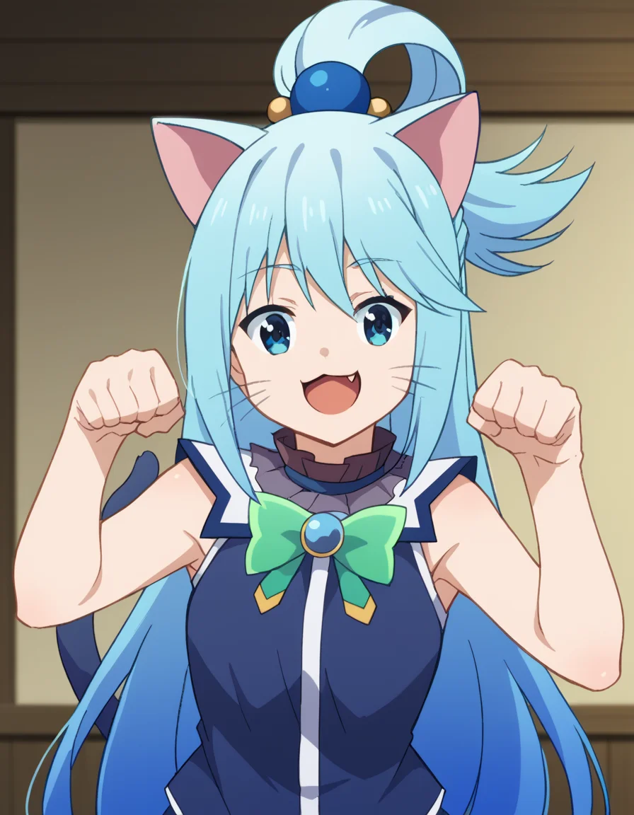 score_9, score_8_up, score_7_up, source_anime, konosubaaqua, <lora:konosuba-aqua-s2-ponyxl-lora-nochekaiser:1>, aqua (konosuba), long hair, blue eyes, hair ornament, very long hair, blue hair, hair rings, single hair ring, hair bobbles,, <lora:paw-pose-ponyxl-lora-nochekaiser:1>, paw pose, cat ears, cat tail, animal ears, tail, cat girl, open mouth, fang, whiskers,, indoors, smile,, cowboy shot, dutch angle, looking at viewer,