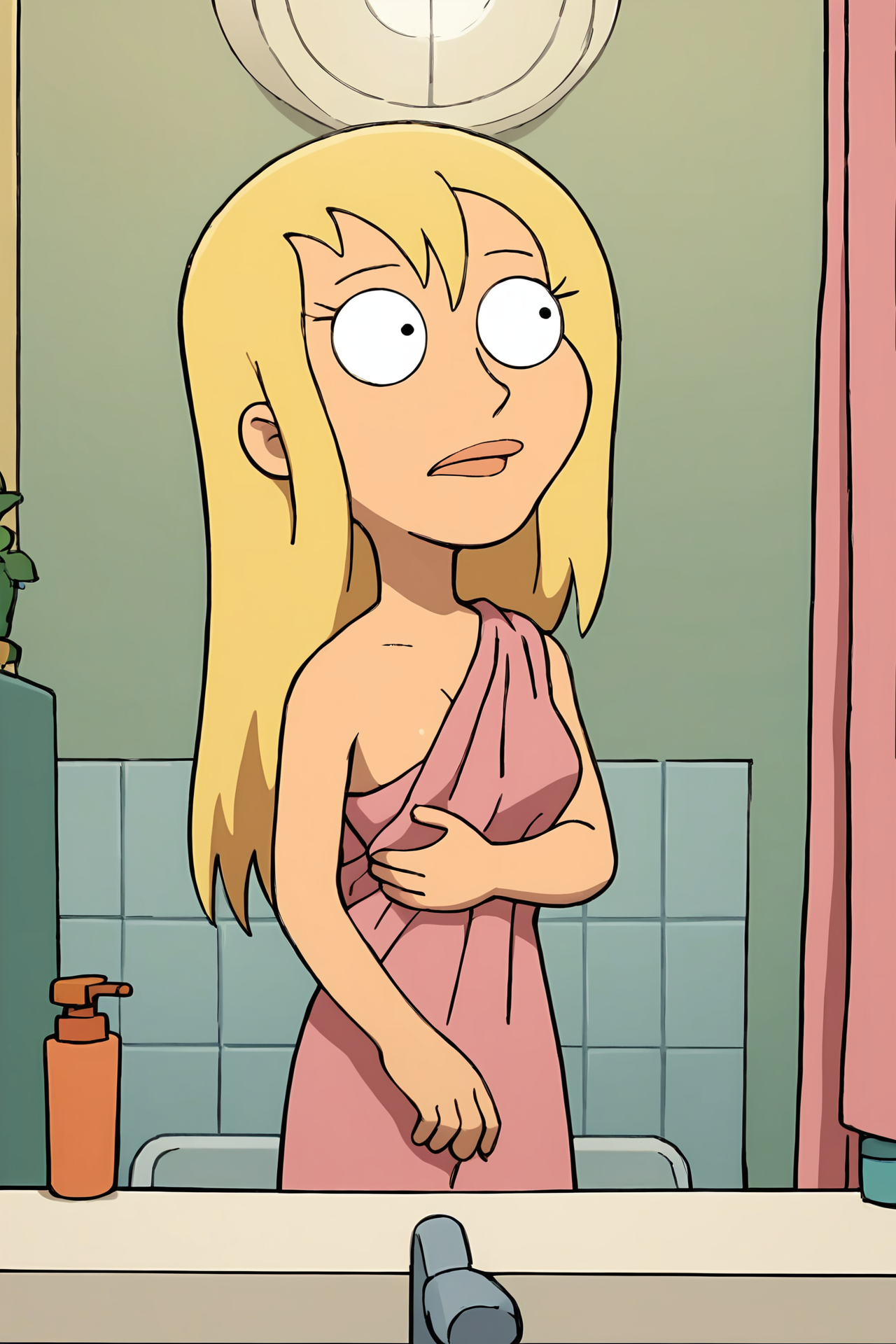 score_9, score_8_up, score_7_up,
 <lora:Jillian_v2_Family_Guy:0.8> jrwfg, blonde hair, long hair, indoors, bathroom, pink towel,
abstract, masterpiece, best quality,
