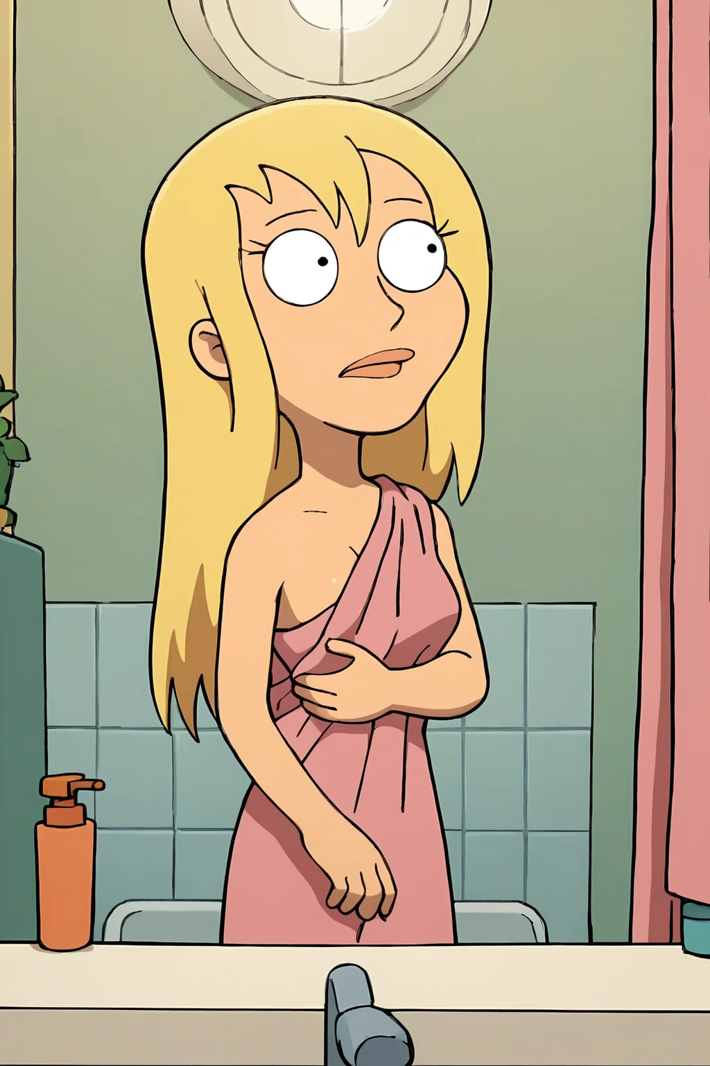score_9, score_8_up, score_7_up,
<lora:Jillian_v2_Family_Guy:0.8> jrwfg, blonde hair, long hair, indoors, bathroom, pink towel,
abstract, masterpiece, best quality,