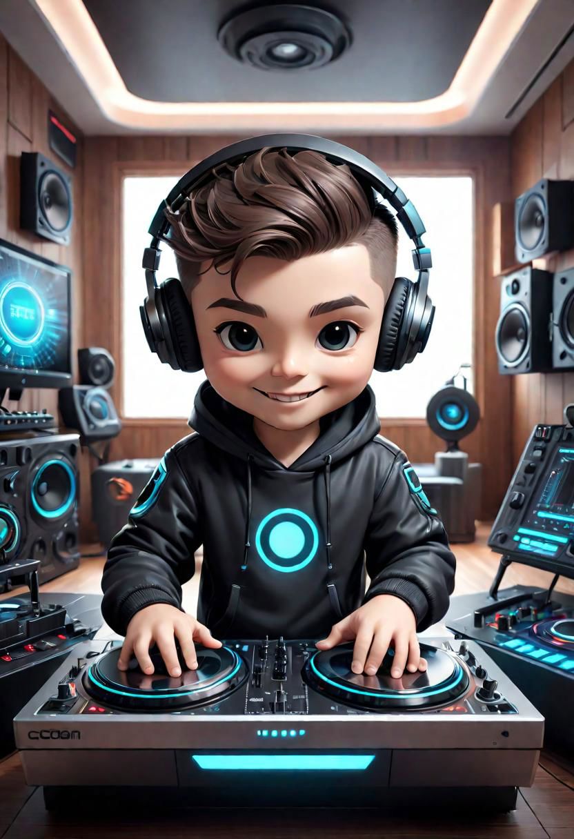 photorealistic chibi art style,  Male Futuristic DJ playing futuristic music equipment in cozy modern music room , facing the viewer , smiling