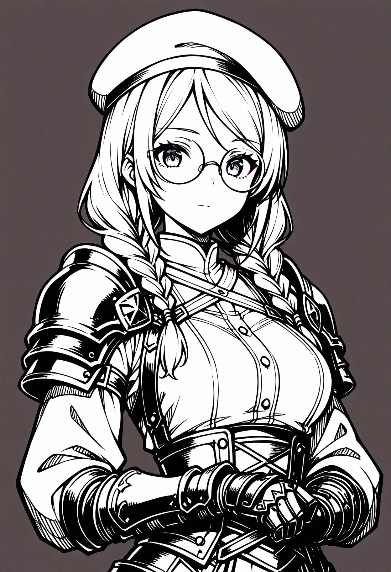 traditional art, line art,
 <lora:FelminaIL:1>, solo,felminakumodesu, twin braids, hair on shoulder,
round glasses, beret, gauntlets, shoulder armor, shirt, long sleeves, 
looking at viewer, dark fantasy, high quality eyes,
masterpiece,best quality,amazing quality,