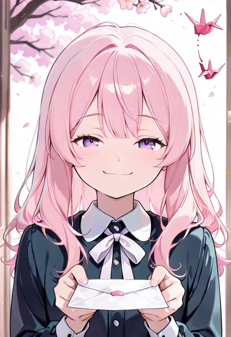 CivChan, purple eyes, pink hair, 1girl, holding letter, blush, slight smile, looking at viewer, [romantic atmosphere], school uniform, white ribbon, long hair, windy hair, cherry blossoms, soft lighting, pastel colors, detailed eyes, warm glow, [love confession|hidden message], paper crane, ink splatter, faint heart sparkles, [highres], [depth of field]