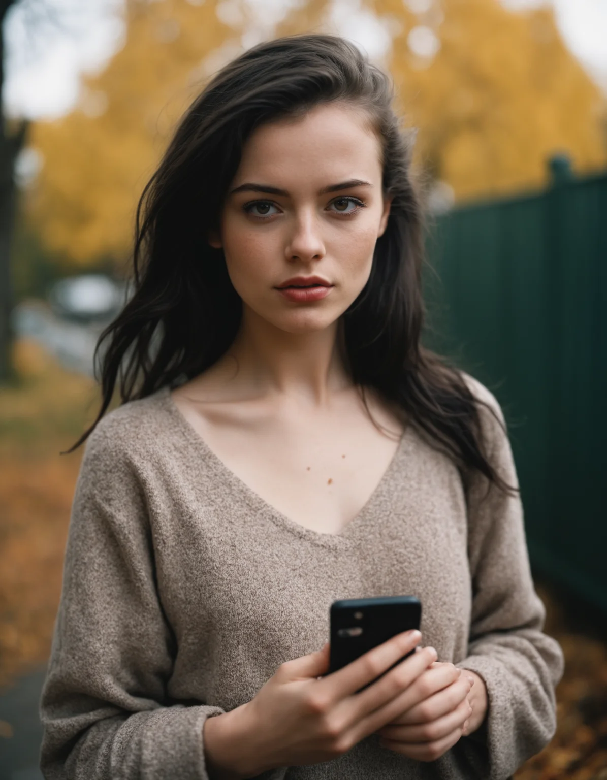 amateur cellphone flash photography (art by Mathias Goeritz:0.9) , photograph, Lush Girlfriend Árnína Baldvinsdóttir , Rich Black hair, autumn , Noon , tilt shift, sharp focus, specular lighting, film grain, Samsung Galaxy, F/5, (cinematic still:1.2), (freckles:0.5) . f8.0, samsung galaxy, noise, jpeg artefacts, poor lighting,  low light, underexposed, high contrast