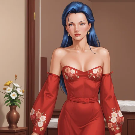 <lora:Shi_pony_v1:.75> Shi, 1girl, long hair,  retro artstyle, blue hair, 1990s (style), 1980s (style), cowboy shot,  <lora:1007 Chinese wedding dress_v1_pony:1> ruanyi1007,bare shoulders,detached sleeves,red dress,floral print,strapless dress,
