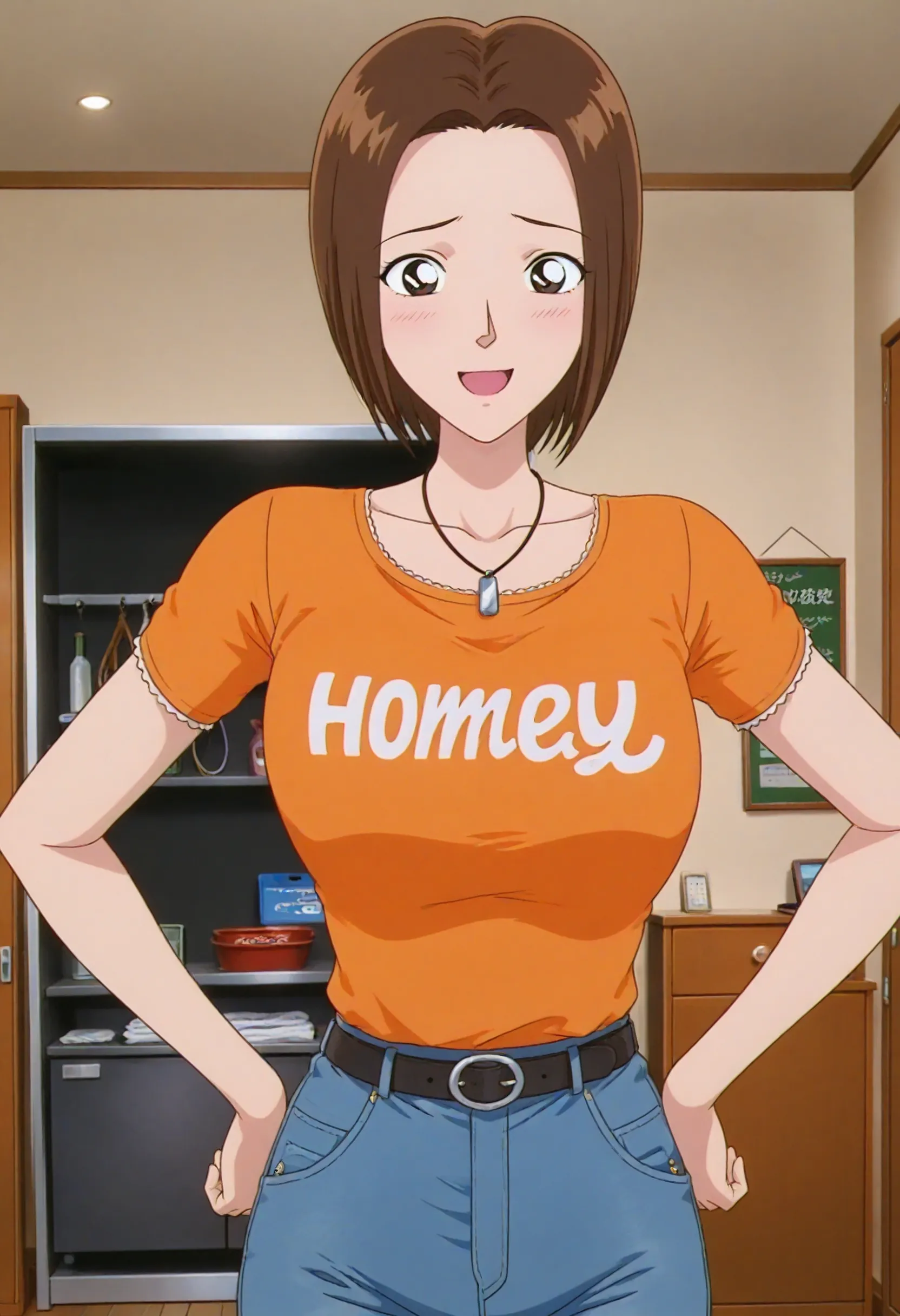 1girl,solo,masterpiece,best quality, anime screenshot,1990s \(style\),
<lora:clothing_store_clerk242_conan_v1_IL:0.7>,cscwoman,brown hair,short hair,forehead,necklace,breasts,orange shirt,short sleeves,black belt,tight shirt,jeans,clothes writing,breasts,
<lora:dmd2_sdxl_4step:1>,looking at viewer,indoors, open mouth,smile,cowboy shot, hands on own hips, clothes shop,shy,