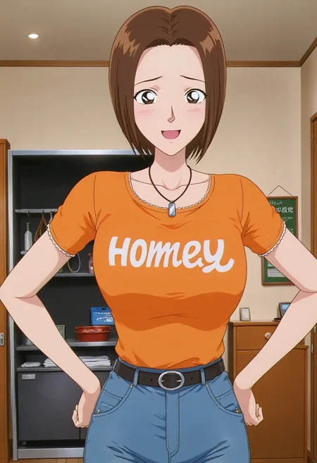 1girl,solo,masterpiece,best quality, anime screenshot,1990s \(style\),
<lora:clothing_store_clerk242_conan_v1_IL:0.7>,cscwoman,brown hair,short hair,forehead,necklace,breasts,orange shirt,short sleeves,black belt,tight shirt,jeans,clothes writing,breasts,
<lora:dmd2_sdxl_4step:1>,looking at viewer,indoors, open mouth,smile,cowboy shot, hands on own hips, clothes shop,shy,