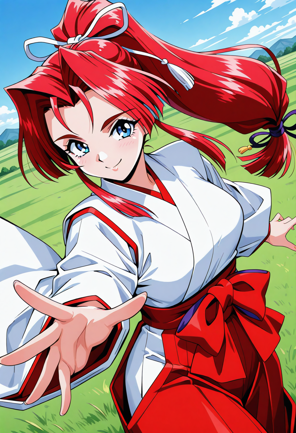 yokoyama_megumi, blue eyes, red hair, long hair, ponytail, low-tied long hair, hair ribbon, japanese clothes, red hakama, miko, <lora:Graduation_yokoyama_megumi_illustrious_ver1:0.8> 
smile,, masterpiece, best quality, sensitive,, 1girl, solo, blue sky, (grasslands:1.2), looking at viewer,, (cowboy shot, dynamic pose:1.4),