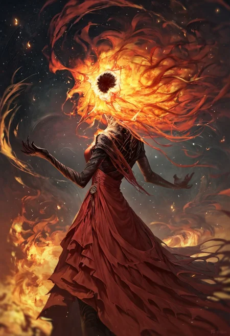 1girl, red dress,
 fr3nz1ed, flame, embers, fire, black void, score_9, score_8_up, score_7_up, intricate details, rating_safe, cosmic setting,
depth of field, detailed background,
ral-chrosc-clr, expessiveH
